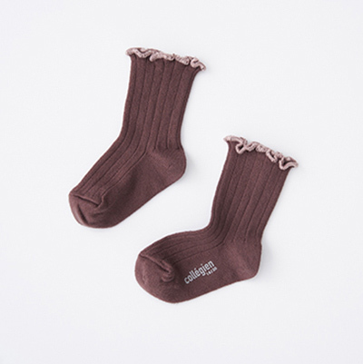 LILI et NENE ベビー COLLEGIEN BABY Delphine-Lettuce Trim Ribbed Socks（786  Chocolat au lait ）18/20-21/23