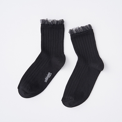 COLLEGIEN 2024AW LADIES Margaux-Tulle Frill Ribbed Ankle Socksi171 Noir de Charbonj39/41